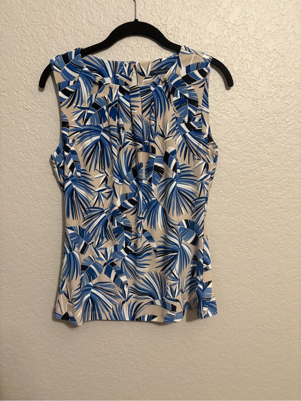 Tommy Hilfiger Women’s Small Blue Tropical Palm Print Ruffle Blouse